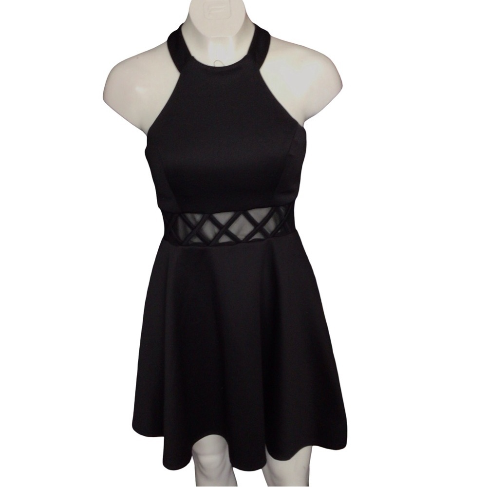 My Michelle Black Mini Skater Dress with Mesh Detail